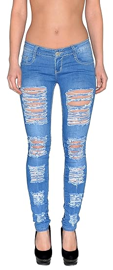 ESRA Damen Skinny Stretch Jeans mit Risse Destroyed Look Hüftjeans Jeanshose große Größen # S600