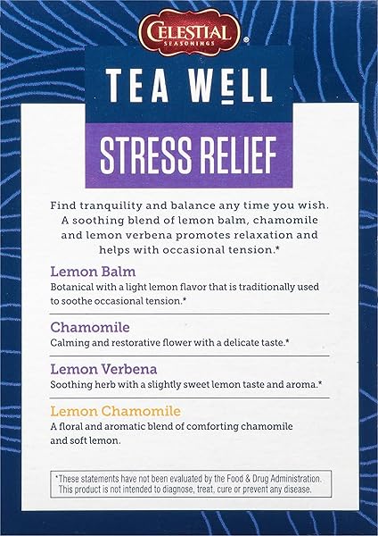 CELESTIAL SEASONINGS TEAWELL HERBAL TEA, STRESS RELIEF, LEMON VERBENA AND LEMON BALM, ORGANIC LEMON CHAMOMILE, CAFFEINE FREE WELLNESS TEA, 12 TEA BAGS
