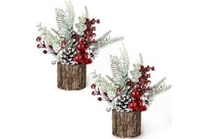 KPX Small Christmas Tree Tabletop Artificial Mini Christmas Tree Decorations with Holiday Ornaments Red Berry Pine Cone Greenery for Home Indoor Fireplace Mantel Xmas Decor (2pcs -Tree Stump-Red)