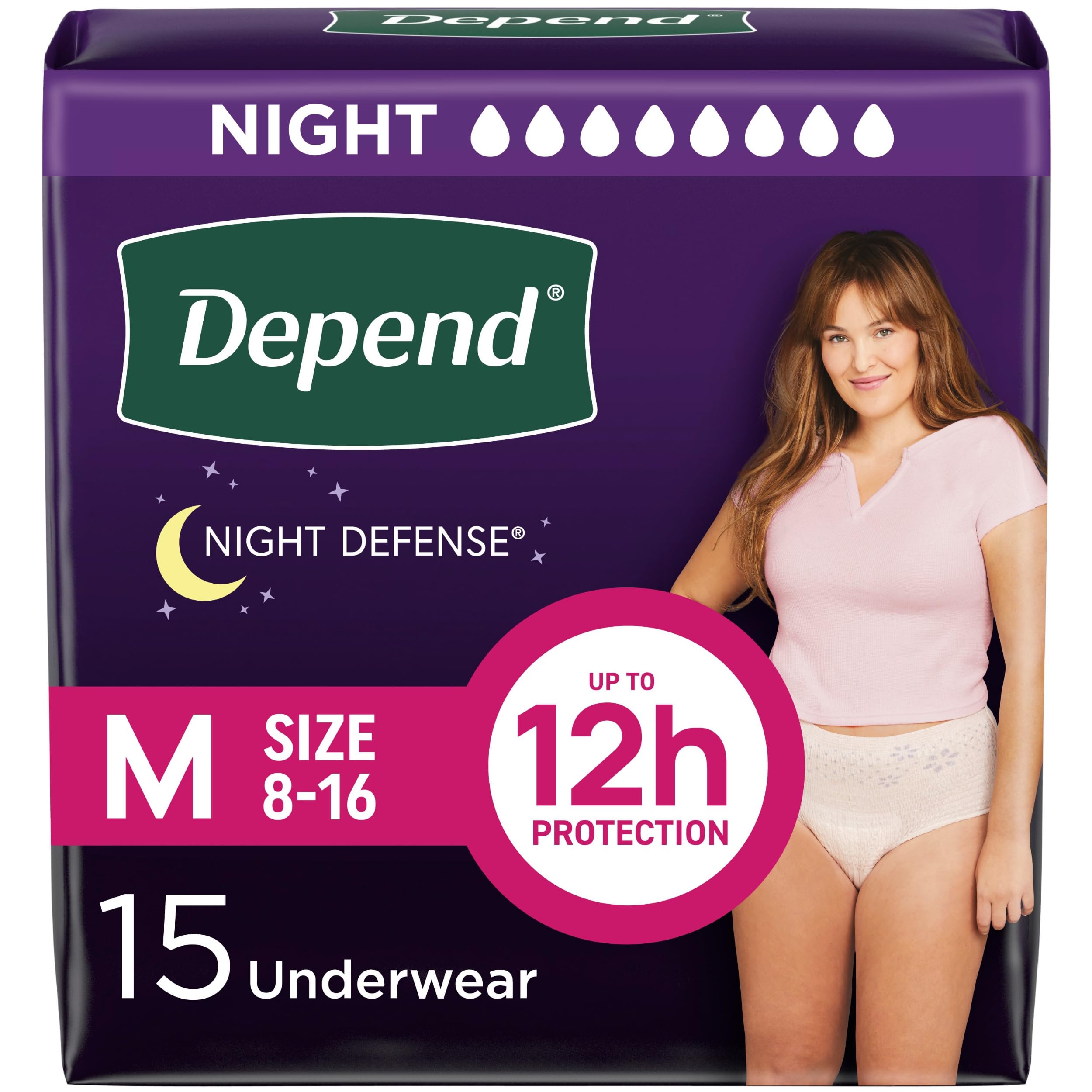 Photo 1 of Depend Night Defense Adult Incontinence & Postpartum Bladder Leak Underwear for Women, Disposable, Overnight, Medium, Blush, 15 Count, Packaging May Vary