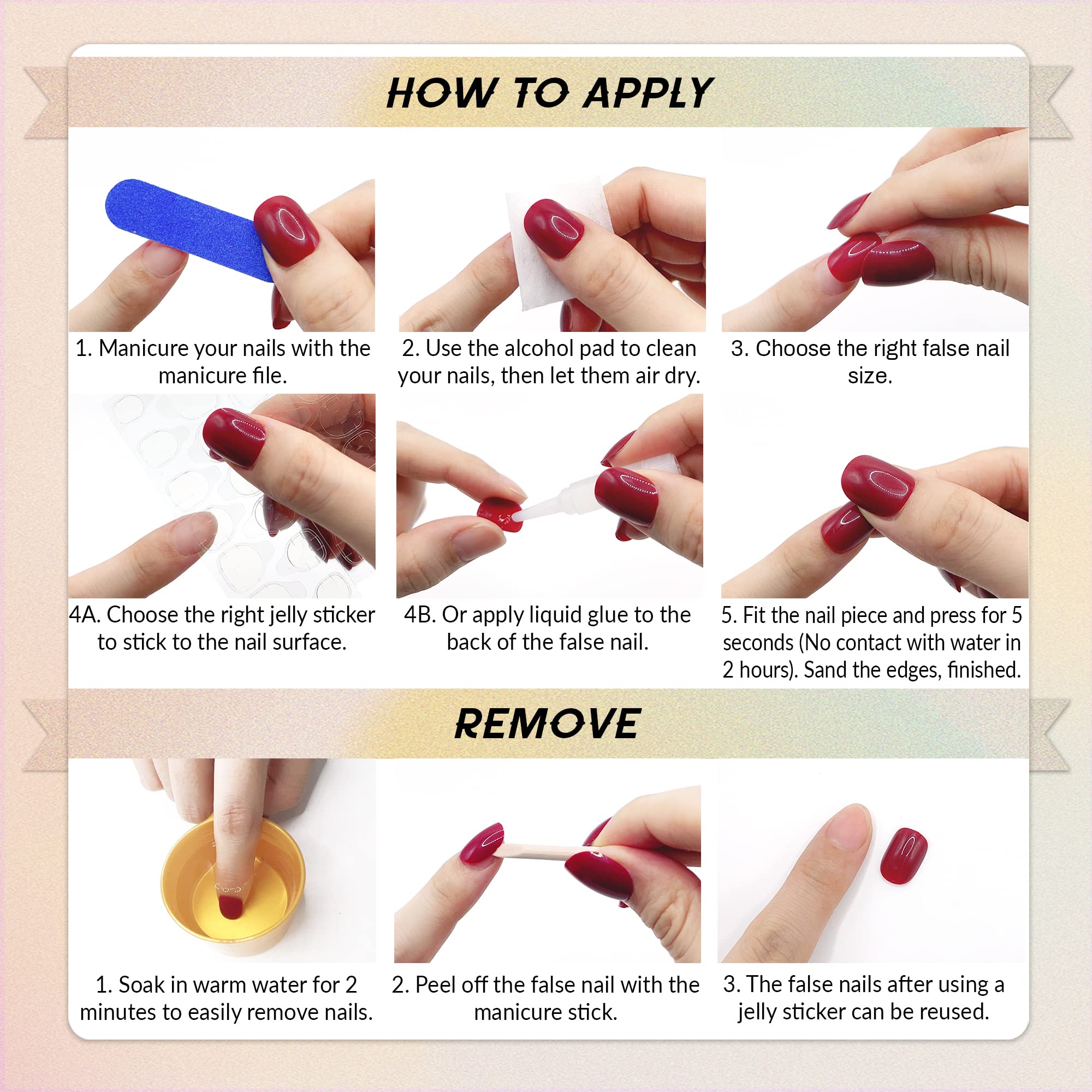 Qsnidy Press on Nails Square - French Ombre Pink Fake Nails Medium Acrylic Glossy Full Cover Stick On Nails for Women and Girls Daily Wear, Natural Fit Glue on Nails in 12 Sizes - 24 Nails Kit - Image 5