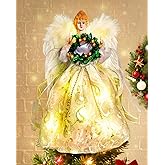 Angel Tree Topper with Lights | 12 Inch Christmas Angel Tree Topper with Feather Wings | Battery Powered Christmas Tree Toppers Lighted for Vintage Decor | Xmas Tree Topper Ornament, White