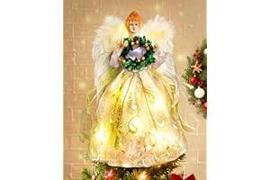 FIORAEN Angel Tree Topper with Lights | 12 Inch Christmas Angel Tree Topper with Feather Wings | Battery Powered Christmas Tree Toppers Lighted for Vintage Decor | Xmas Tree Topper Ornament, White