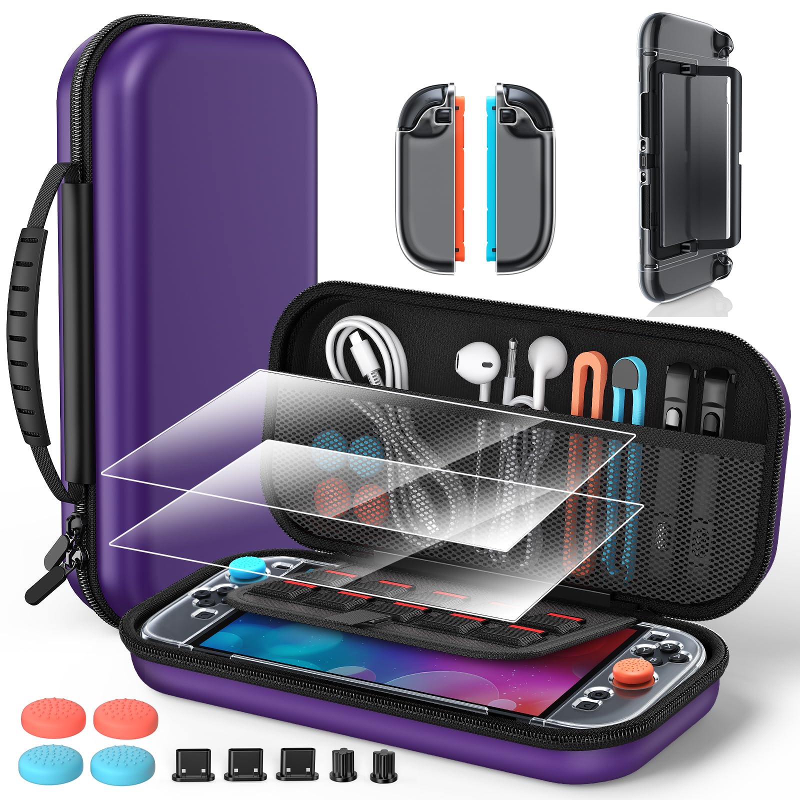Accessories for Nintendo Switch 2 2025, Portable Hard Shell Carrying Case with 2 HD Screen Protectors (7.9 Inch), TPU Protective Skin, Dust Plugs Kit, 4 Thumb Grips – Switch 2 Accessories Bundle (Switch 2 Purple)