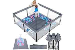 TOREVSIOR Foldable Baby Playpen with Mat, 50"×50" Collapsible Play Pen for Babies and Toddlers, Indoor & Outdoor Kids Safety Play Pen, Portable Play Yard, Foldable Baby Playpen with 50 Ocean Balls