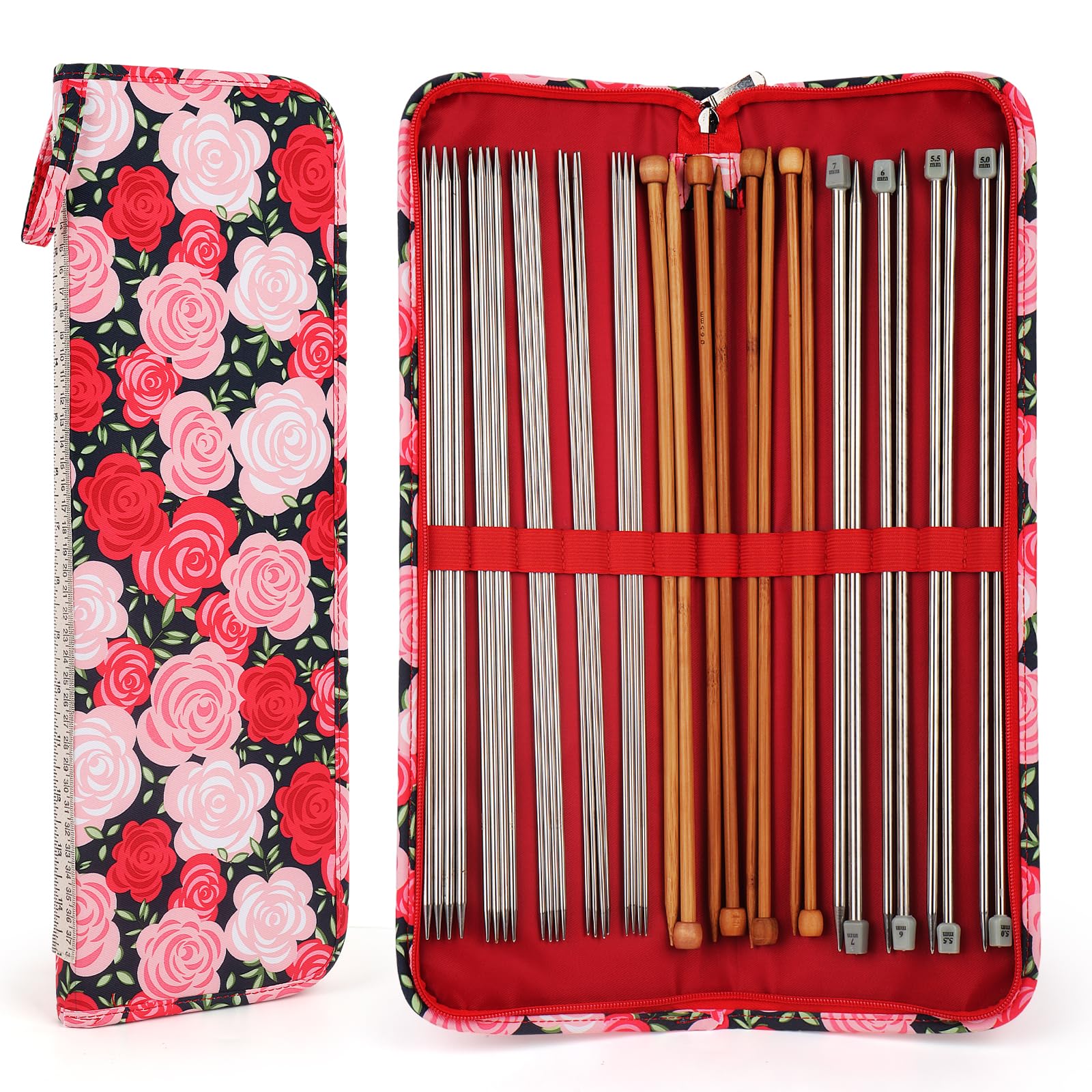 Aeelike Knitting Needle Case Empty, Portable Knitting Needle Storage Case, 40cm Knitting Needle Holder Case for Long Needles, 43x14x2cm - Red Rose