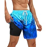 OlyPegic Mens Swim Trunks Bathing Suit Mens Swimwear Shorts Quick Dry with Compression Liner Beach Board with Zipper Pock