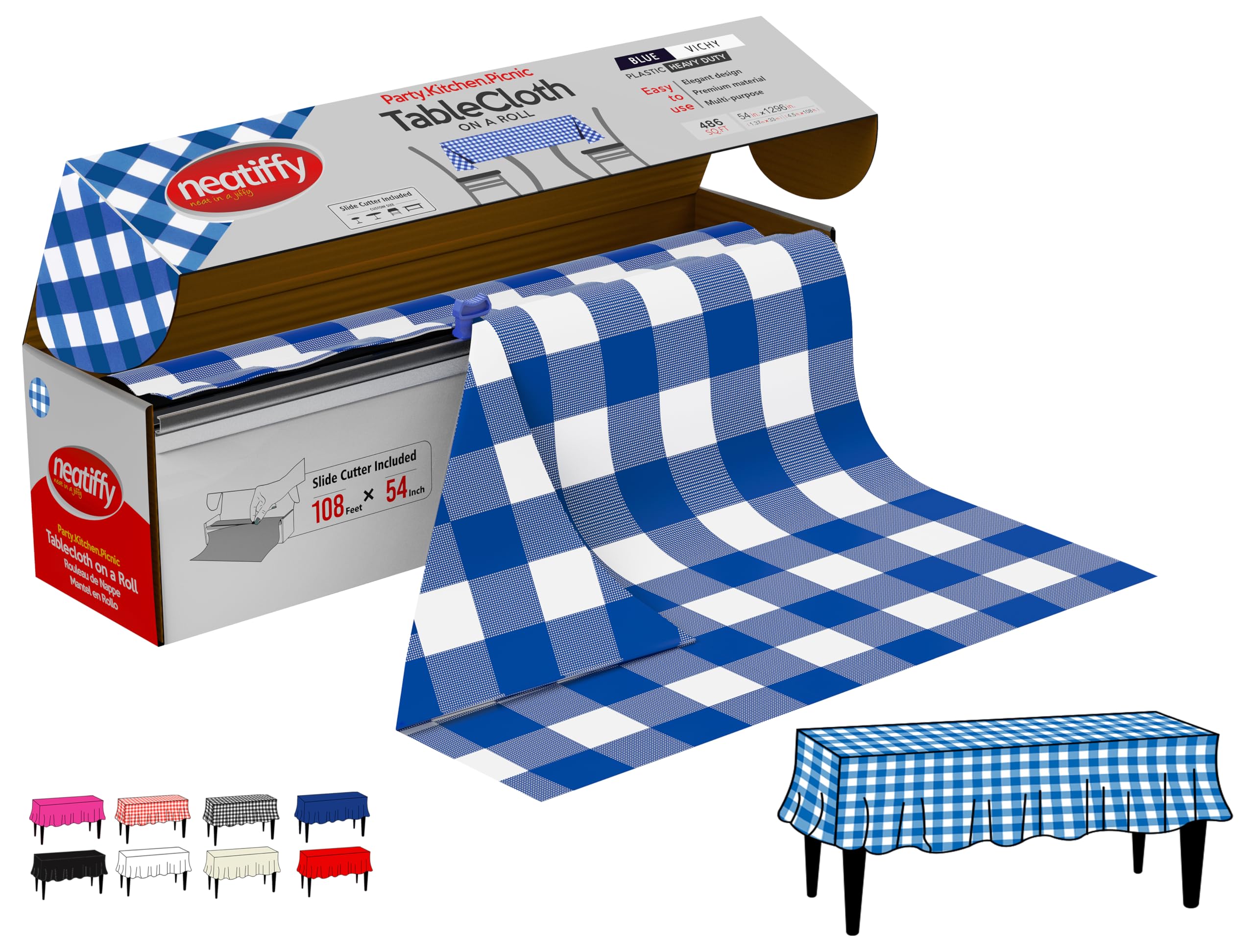 Neatiffy Disposable Plastic Table Cloth Roll | 54 in x 108 Ft Waterproof Tablecloth | Table Cover for Rectangle, Square, Round Oval Tables | Picnic, Party, Banquet, Birthdays, Weddings, BlueCheckered — image 1