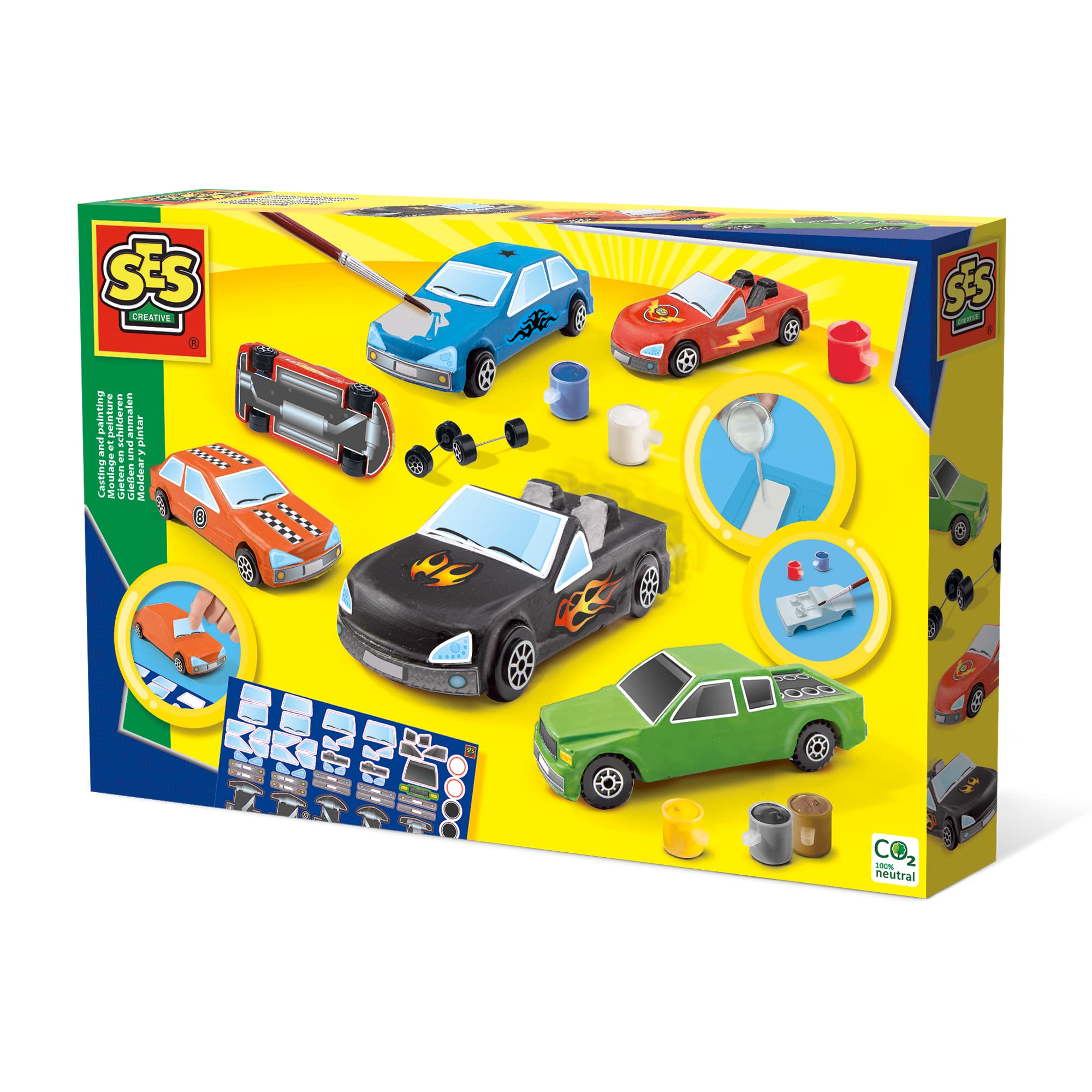 SES Creative Casting & Painting Kit Cars, Mould and Paint Plaster Pottery and Painting Set, For Boys and Girls 4 years and Up, Creative Arts and Crafts Set
