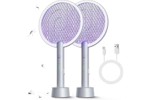 Electric Fly Swatter Racket 2 Pack, Mosiller 2 in 1 Bug Zapper with Auger USB Rechargeable Base, 4000 Volt Indoor Outdoor Mosquito Killer with 3-Layer Safety Mesh for Pest Insect Control & Flying Trap