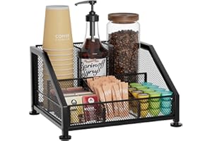 SWTYMIKI Coffee Bar Organizer for Countertop – Space-Saving Kcup Organizer with Tiered Shelves, Countertop Coffee Station for Pods, Sugar, Syrup, Cups, Stirrers, Mesh Condiment Storage