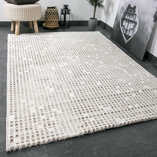 Vimoda Wohnzimmer Teppich In Beige Creme Mit Kachel Muster Fliesen Optik Getuftet Masse 80x150 Cm Amazon De Kuche Haushalt