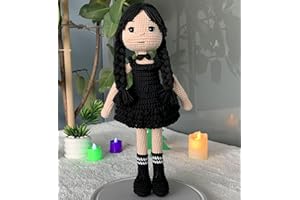Tiny Things Wednesday Addams Style Handmade Crochet Knitted Doll, Halloween Accessory, Wednesday Addams Toy for Horror Lovers, Horror and Cuteness Together 12.6 inç