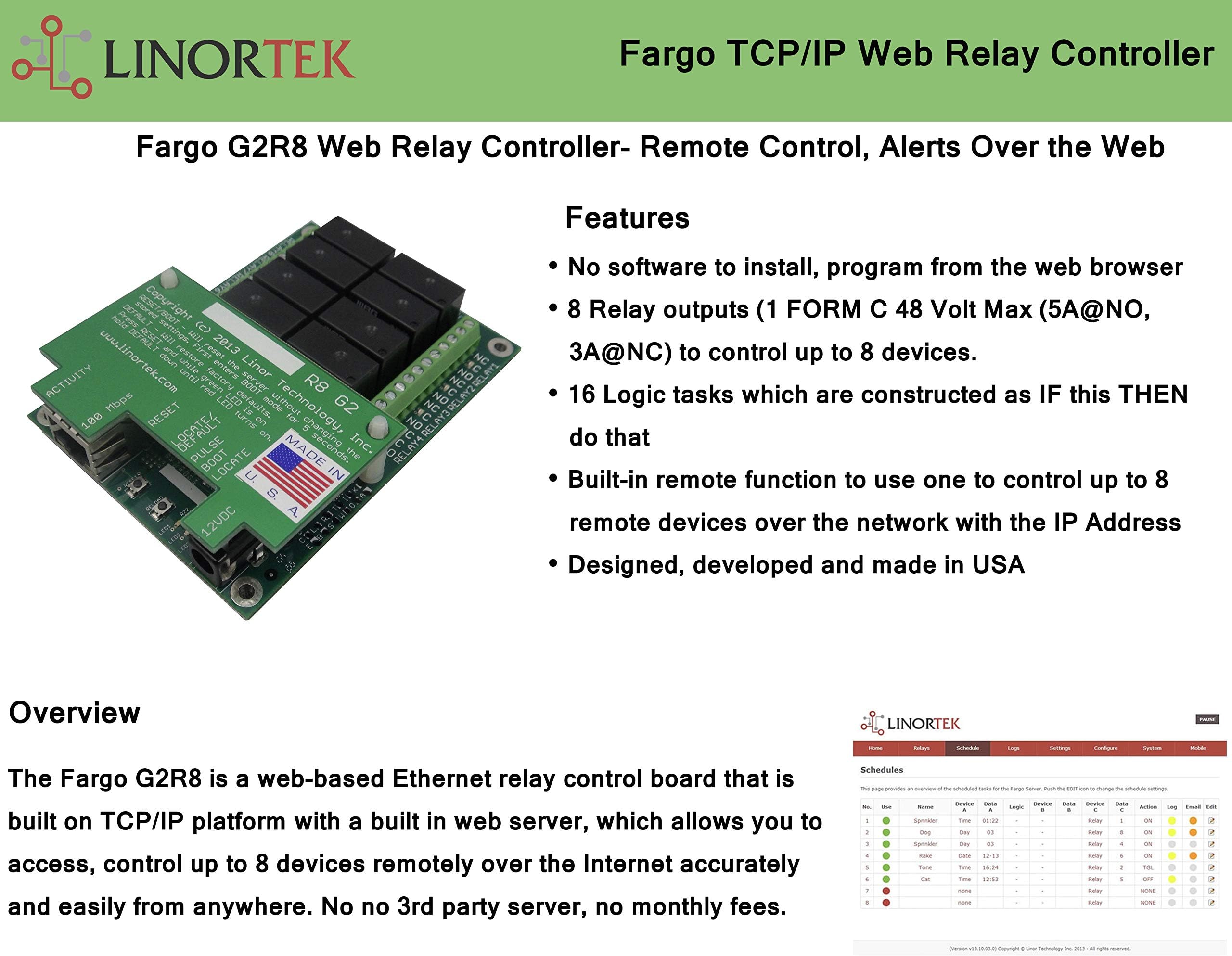 Linortek FARGO G2R8 TCP/IP Web Relay Ethernet Relay Remote Control Board with Built in Web Server 8 Relay Outputs for Remote Power Switch, Real Time Clock Email Alerts