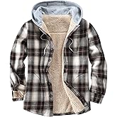 Derbars Men's Cotton Plaid Shirts Jacket Fleece Lined Flannel Shirts Sherpa Button Down Jackets with Hood for Men