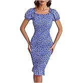 Milumia Women's Ditsy Floral Square Neck Puff Short Sleeve Shirred Dress Fishtail Bandage Dresses