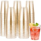 JOLLY CHEF 100 Pack 10 oz Gold Plastic Cups, Disposable Gold Glitter Cups, Clear Plastic Tumblers Perfect for Weddings, Christmas & Parties