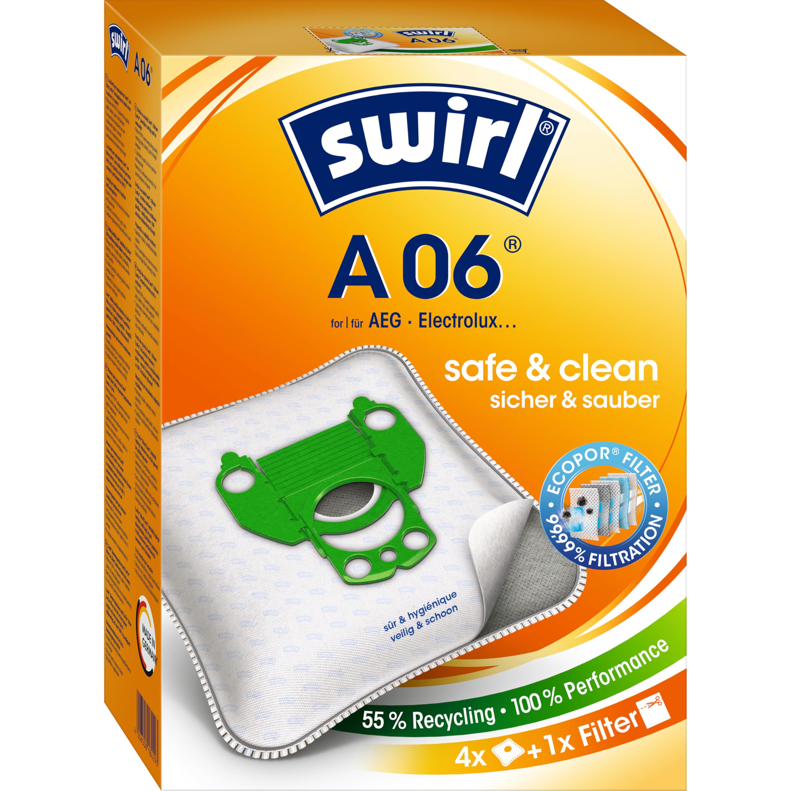 Swirl® A 06® EcoPor® Vacuum Cleaner Bags for AEG, Electrolux, Progress and Volta Vacuum Cleaners - 4 Bags