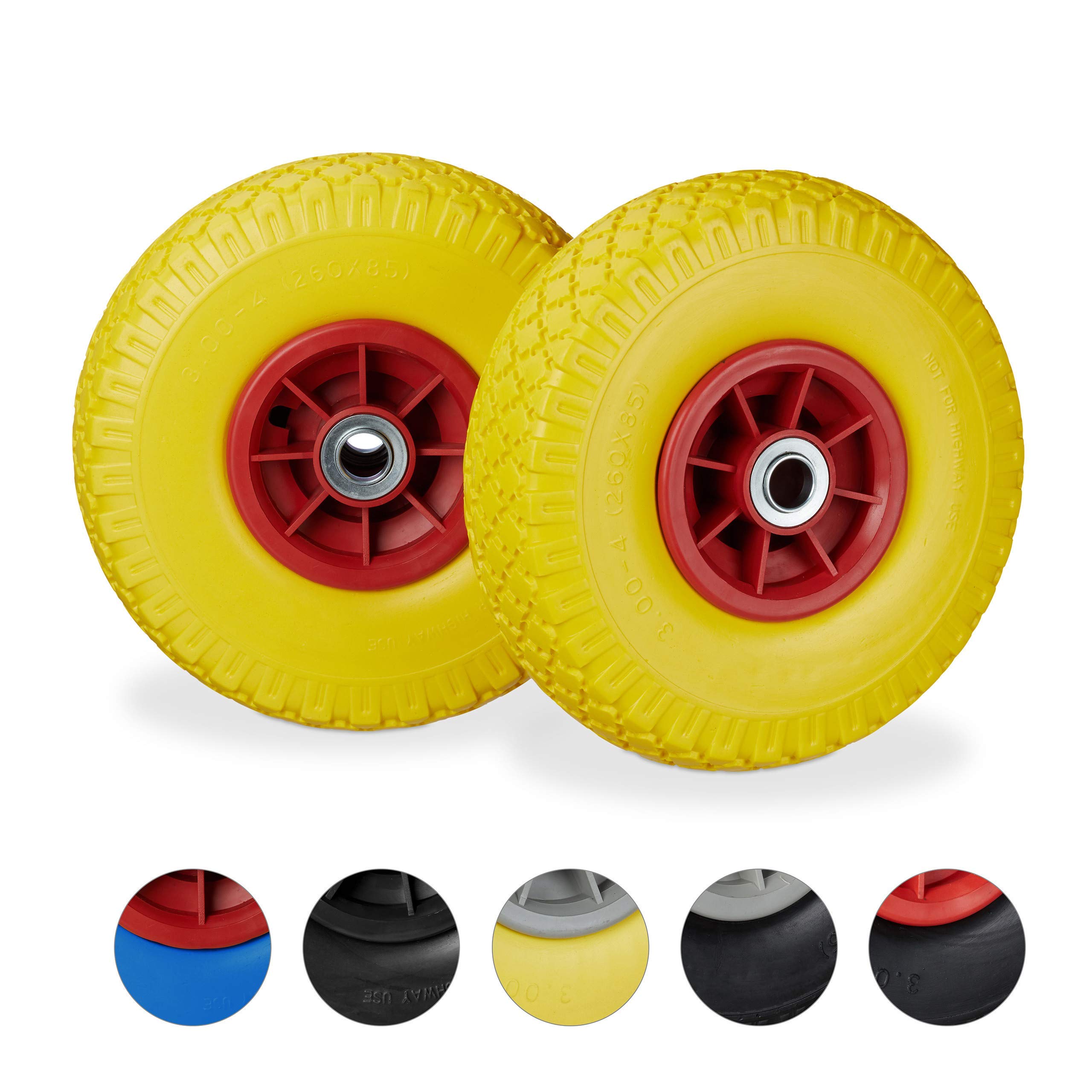 Relaxdays 2 x Hand Truck Tyre, Non-Flat Solid Rubber Wheels, 3.00-4”, 20mm Axle, 80 kg, 260 x 85 mm, Yellow/Red