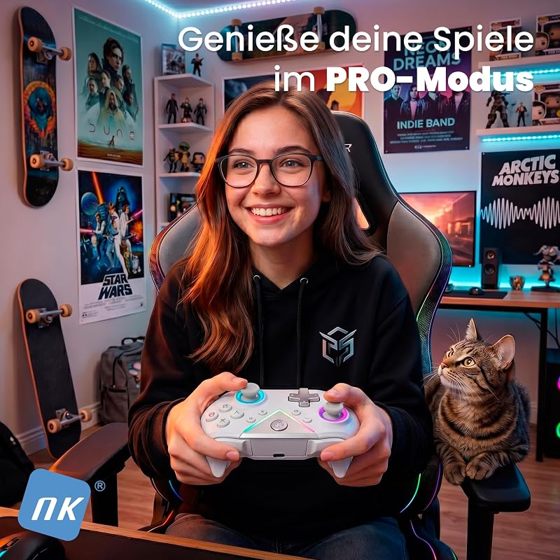 Wireless Bluetooth Controller für PC – Kompatibel mit Switch, Android-Smartphone und iOS, 2 Makrotasten, Duale Vibration, 6 Achsen, LED-Beleuchtung (White)