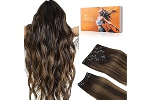 DOORES Clip in Hair Extensions Real Human Hair, Balayage Dark Brown to Chestnut Brown 18 Inch 9pcs 150g, Remy Hair Extensions
