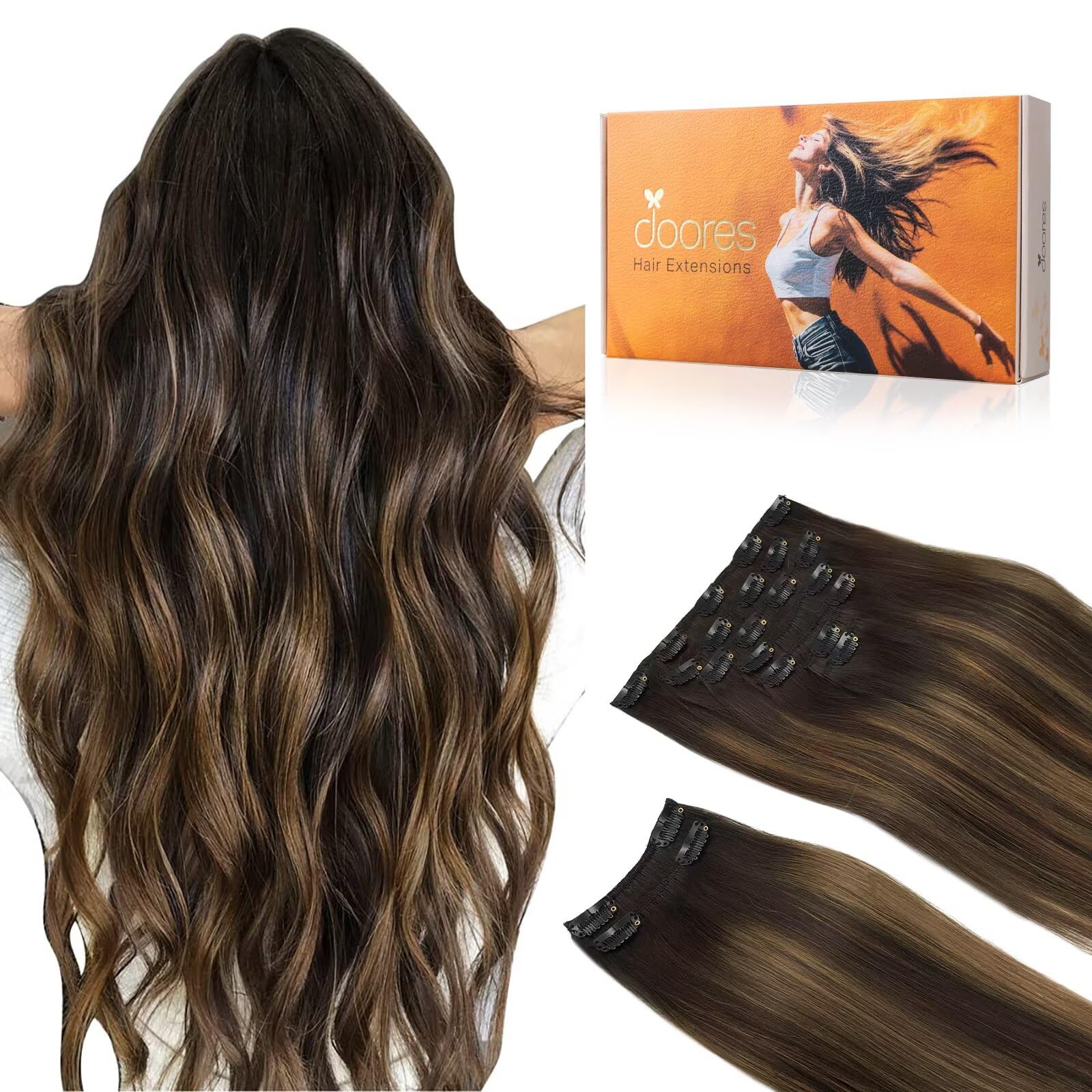 Photo 1 of DOORES Clip in Hair Extensions Real Human Hair, Balayage Dark Brown to Chestnut Brown 18 Inch 9pcs 150g, Remy Clip in Extensions Straight Thick Weft