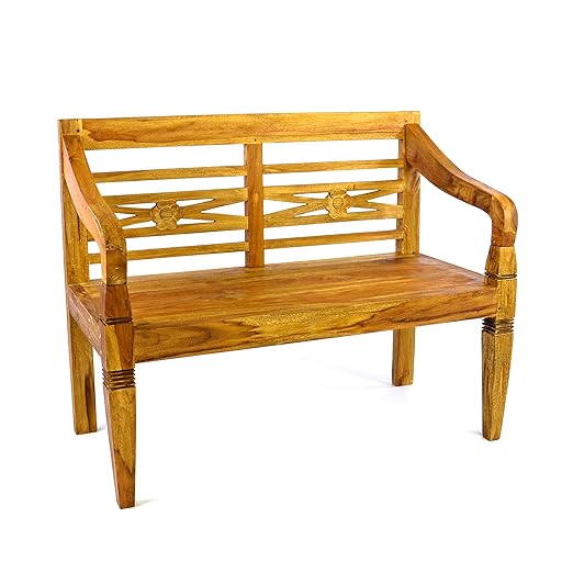 DIVERO 2-Sitzer antike Gartenbank 115 cm massiv Teak-Holz Handarbeit 2 Personen Bank mit Schnitzereien natur