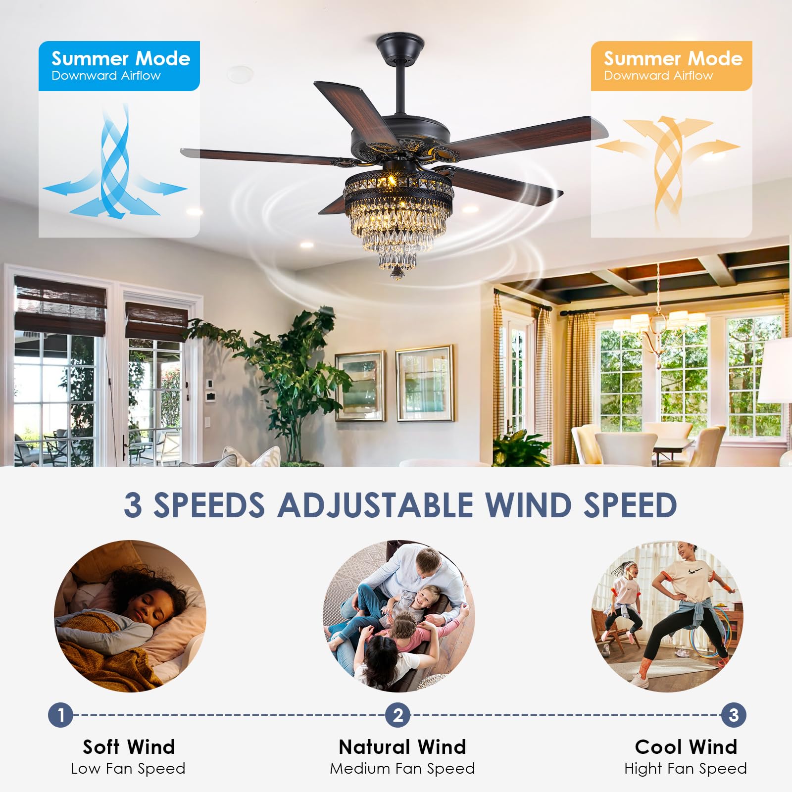 Crystal Ceiling Fan Fandelier with Lights - Modern Outdoor Fans with Remote Control，Noiseless AC Motor, Retro/Farmhouse Lighting, Dining Room， Living Room (52