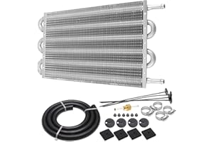 PUZZLEDEER 6 Row Transmission Oil Cooler Universal 6 Pass Aluminum 5/16" Engine Oil Cooler Kit with Hose Mounting Kit Silver