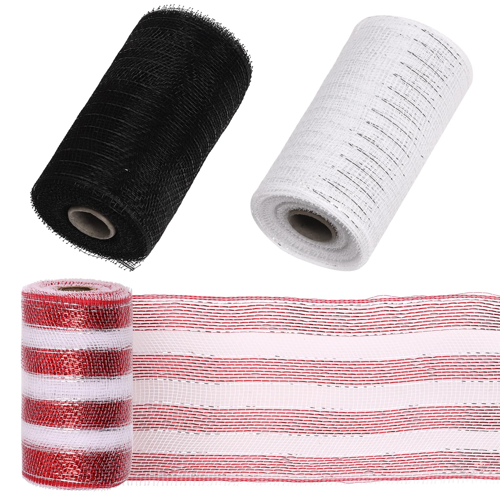 Mardatt 3 Rolls Metallic Wire Mesh Ribbon - 5.9" x 30 Feet, Red and White Stripe, Black, White for Wreaths Decoration