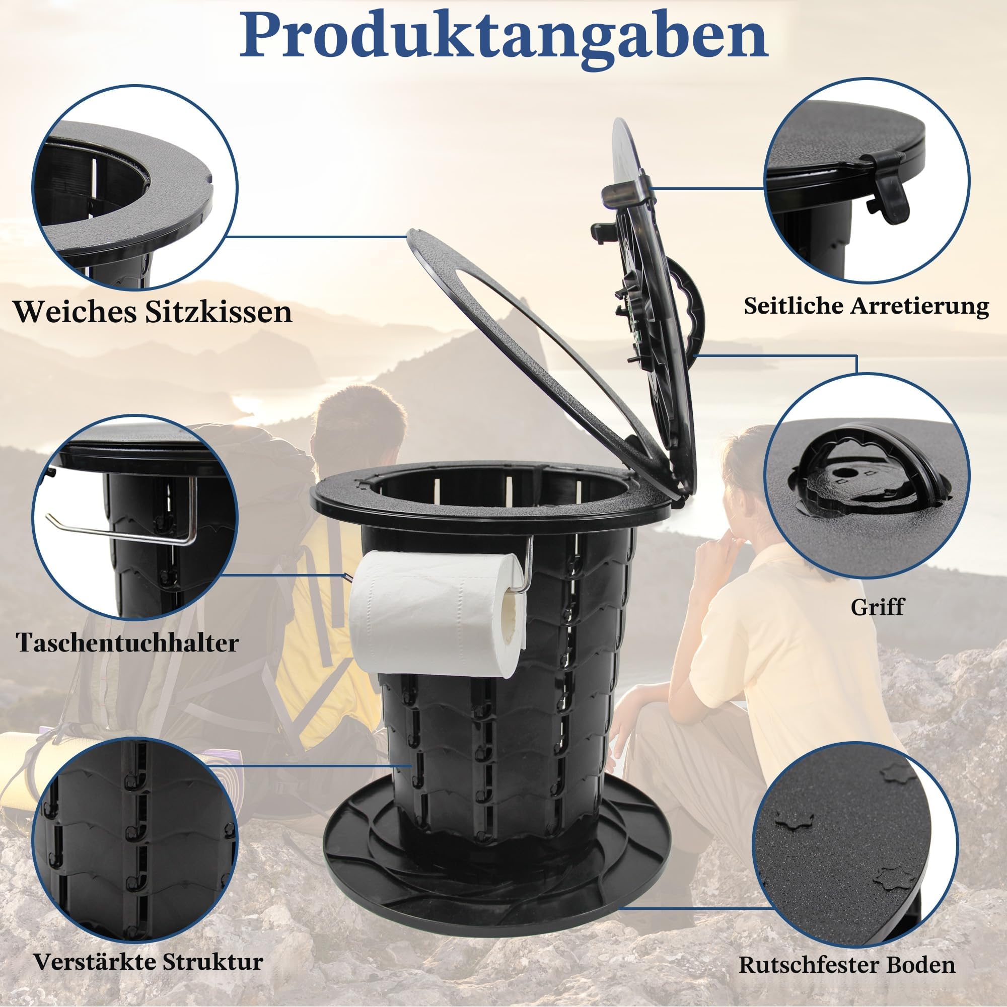 ALEVMOOM Upgrade Tragbare Toilette für Erwachsene Falttoilette Reise-Toilette mit weiblichem Urinalgerät, Einstellbare Höhe Camping Toilette Tragbares Töpfchen für Auto Wandern Strand (Schwarz) 6