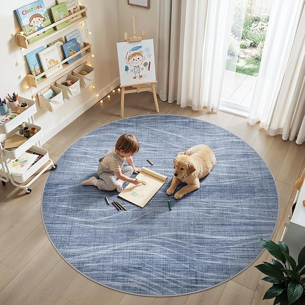 WITSHOCK 8FT ROUND RUGS FOR LIVING ROOM, MODERN STRIPED DESIGN AREA RUG, LARGE RUG FOR BEDROOM DINING ROOM OFFICE NURSERY, SOFT THIN NON-SLIP CARPETS FOR HOME DECOR, BLUE