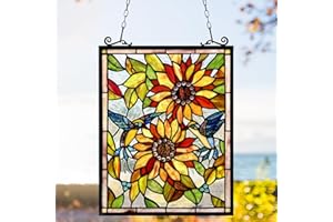 Capulina Sunflower and Birds Stained Glass Panels Window Hangings Tiffany Style Traditional Art Handcrafts for Home Decor and Gifts