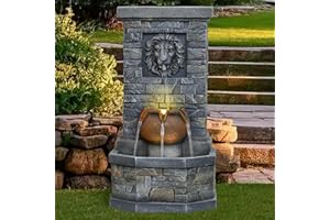 DESGMOMY 32.28'' Outdoor Garden Floor-Standing Water Fountain Lion Head Stone with Lights Outdoor Waterfall for Patio, Backyard, Deck, Porch and Home Art Decor