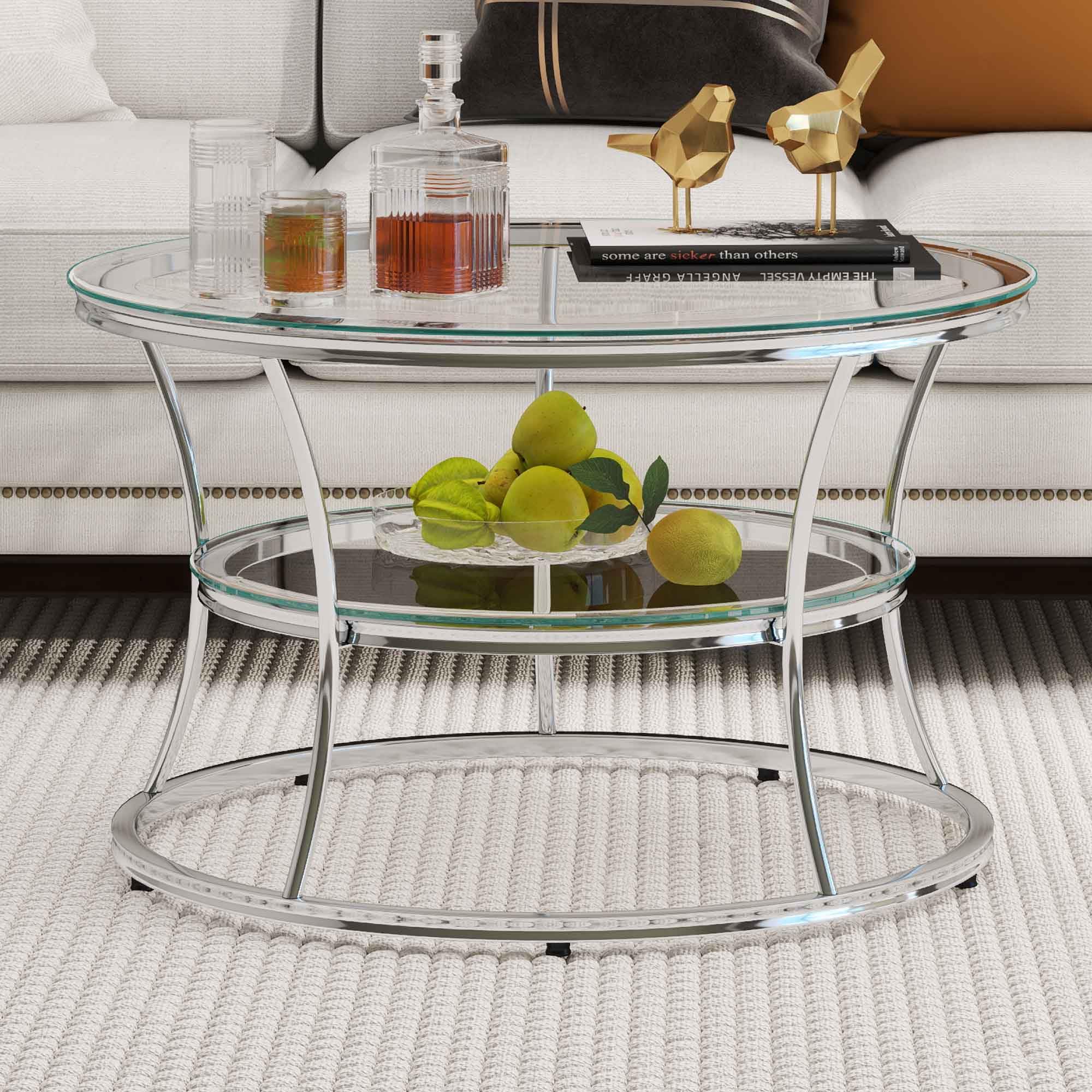 Photo 1 of *USED*
O&K FURNITURE Glass Coffee Table, 2-Tier Modern Living Room Table with Shelf, Tempered Glass & Chrome Frame, Silver Center Table for Living Room & Office, Chrome Finish, 1 PC