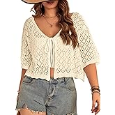 Women's Plus Size Crochet Cardigan Crop Short Sleeves Tie Front Lightweight Knitwear