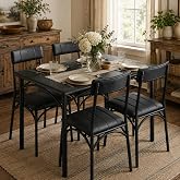 SLEKVERSA 5-Piece Dining Table Set for 4, Small Farmhouse Kitchen Table with 4 Upholstered Chairs, Modern Wood &amp; Metal Dining Room Furniture for Apartment Small Spaces, Black