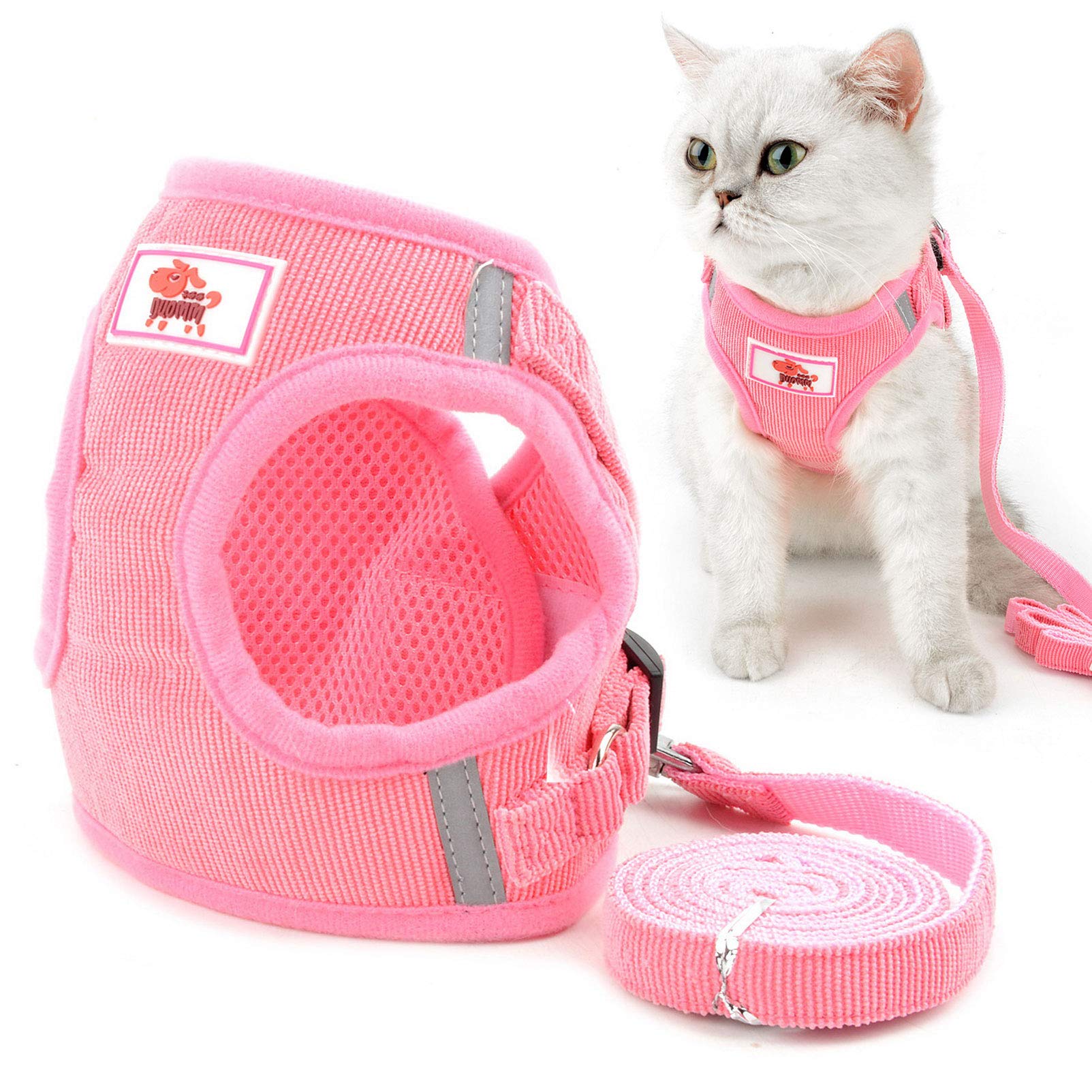 SMALLLEE_LUCKY_STORE Soft Mesh Corduroy Reflective Cat Harness and Lead Set Escape Proof Adjustable No Pull Choke Safe Walking Jacket for Small Dogs Puppy Kitten,Pink XS