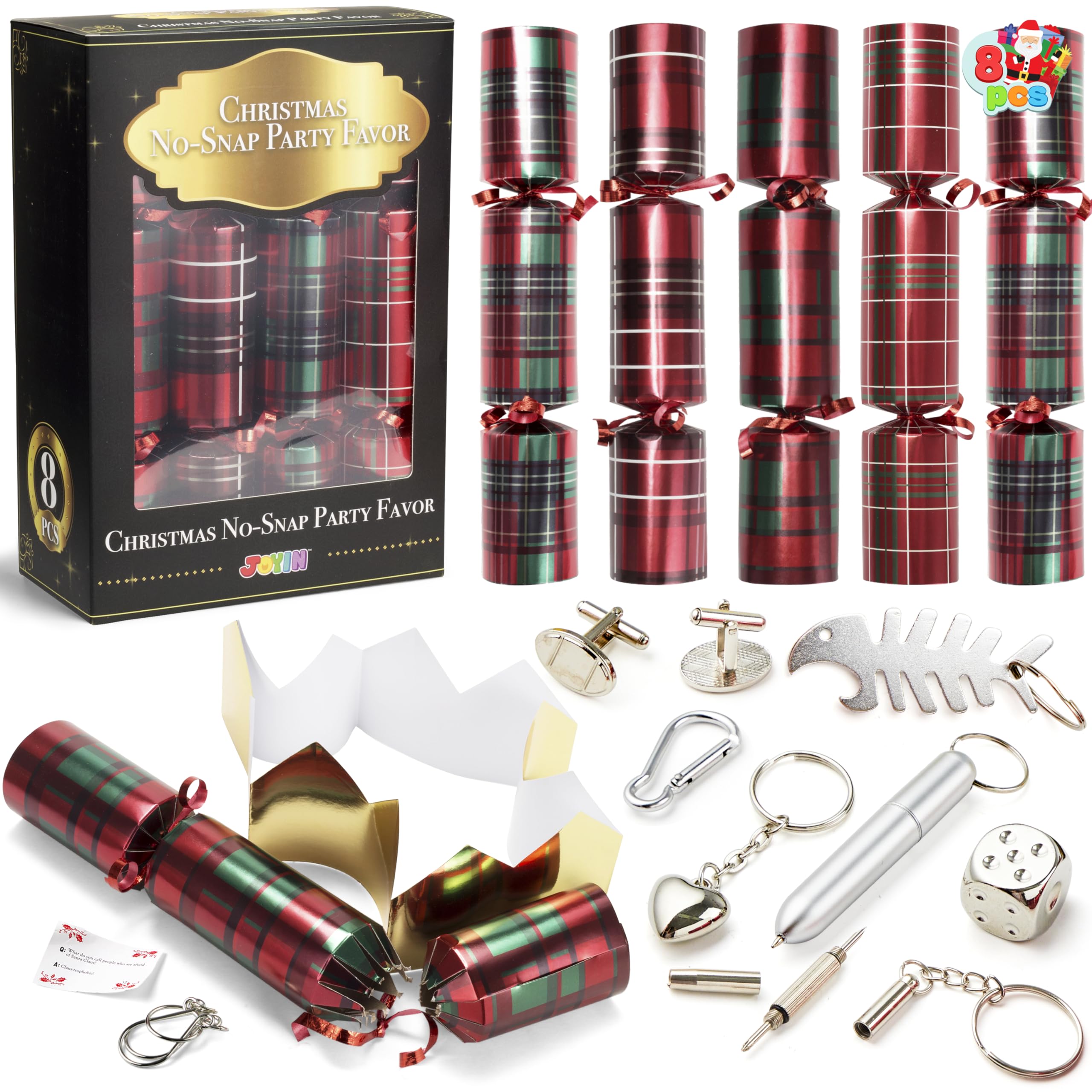 JOYIN 8 Pack Christmas Non-Snap Party Favor, Red Check Plaid Party Table Favor Includes Party Hat, Jokes & Gifts, Xmas Gifts Prizes for Christmas Holiday Dinner Traditions Supplies