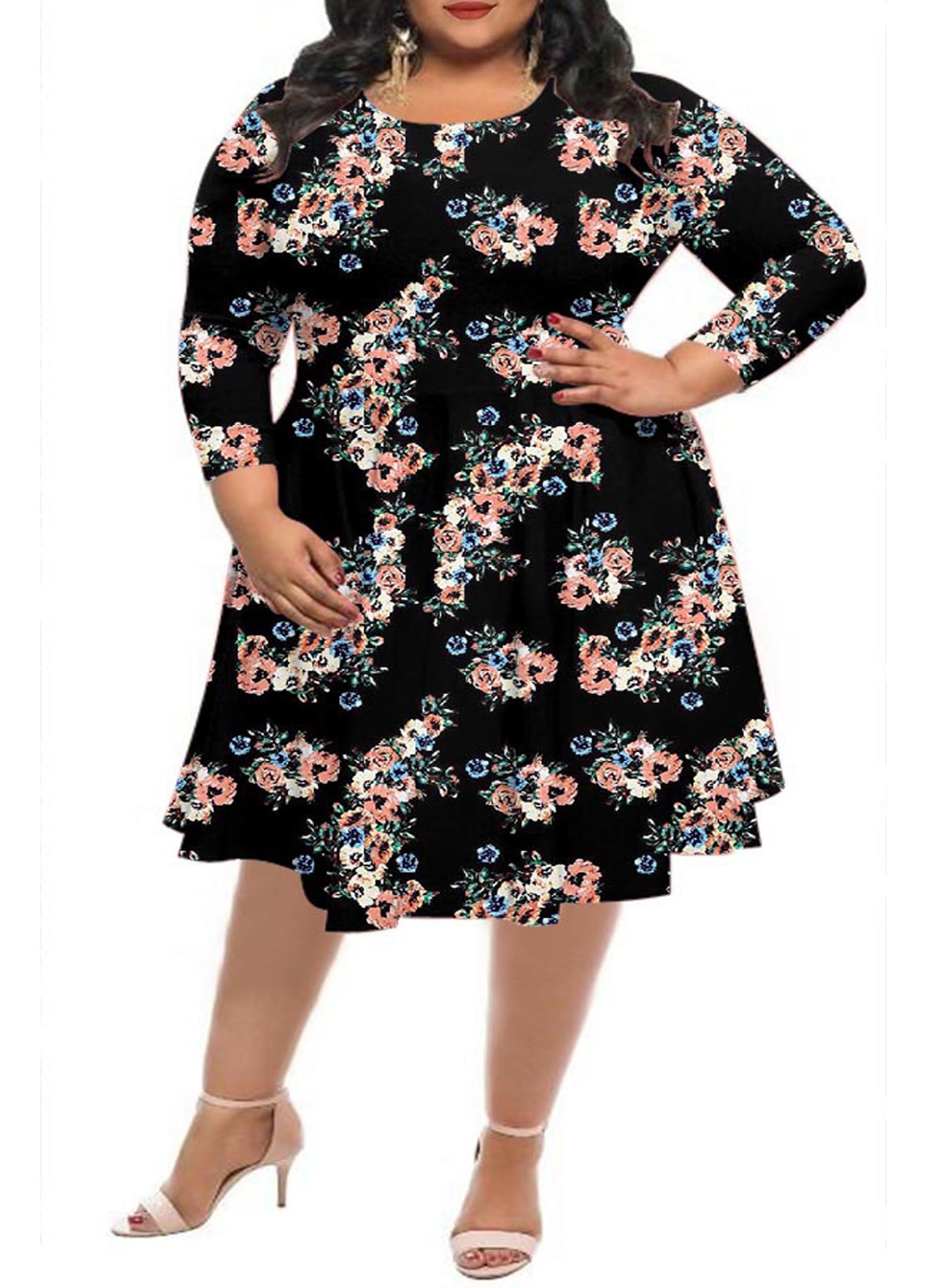 WFTBDREAM Knee Length Floral Printed Black Plus Size Dresses for Women Party 4XL
