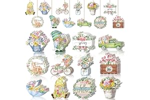 PURPEAK 36 Pcs Spring Flower Wooden Ornaments Easter Tree Ornaments Pendant Slices Tags Gnome Hanging Decoration Wood Floral Hello Spring Decor for Birthday Party Home Tree Decor, 12 Styles