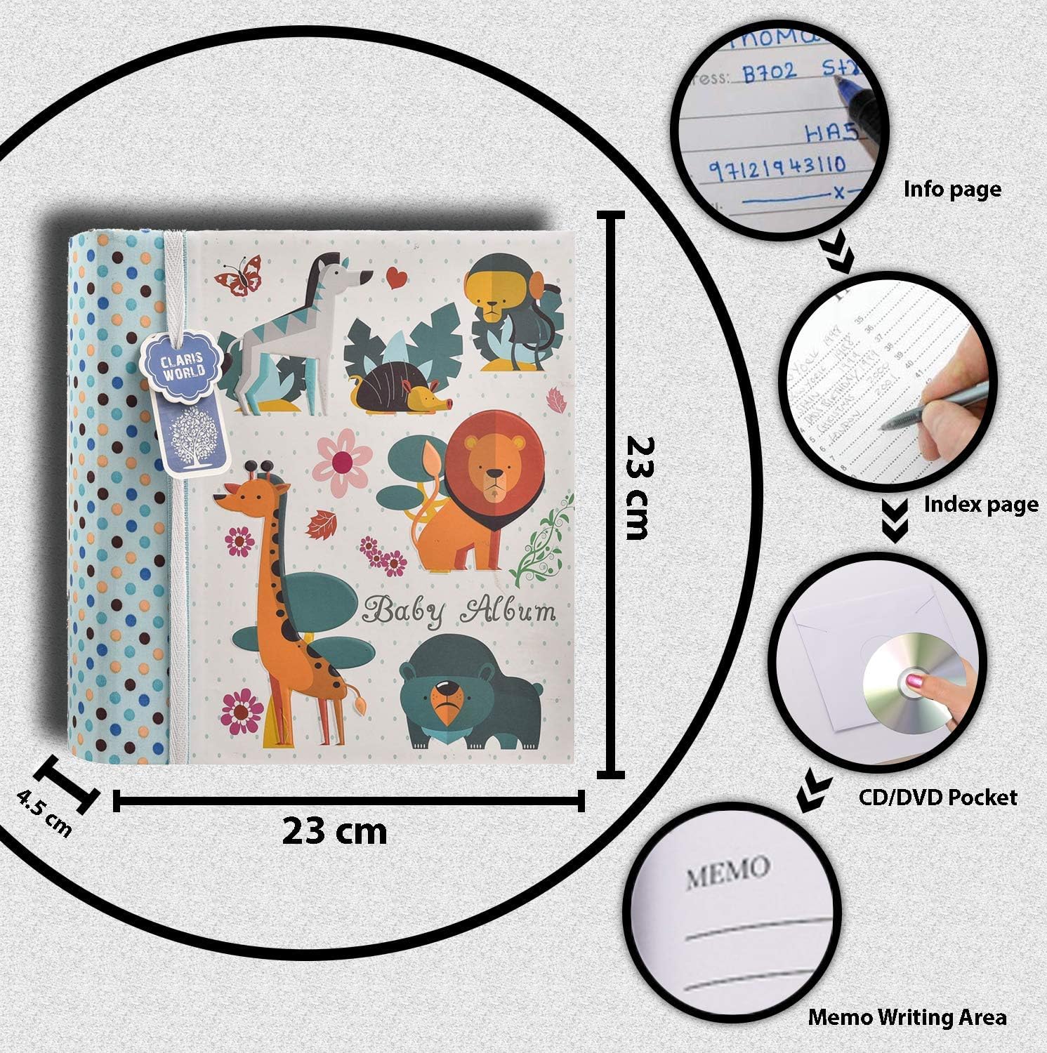 ARPAN Baby Boy Blue Slip In Memo Photo Album 4x6 200 Photos, Jungle Animals Design, Baby Photo Album with Index Pages & CD/DVD Pocket - Image 3