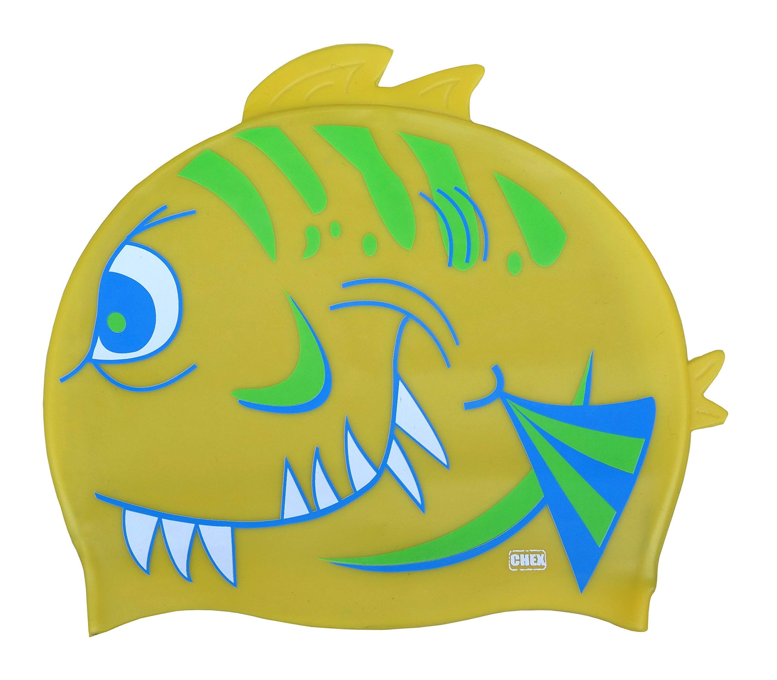 CHEX Stretchy Silicone Unisex Girls Boys 3-7 Years One Piece Swimming Hat Swim Cap Angry Fish Teeth Double Fin Print Design One Size Pull On Swim Hat (Yellow)