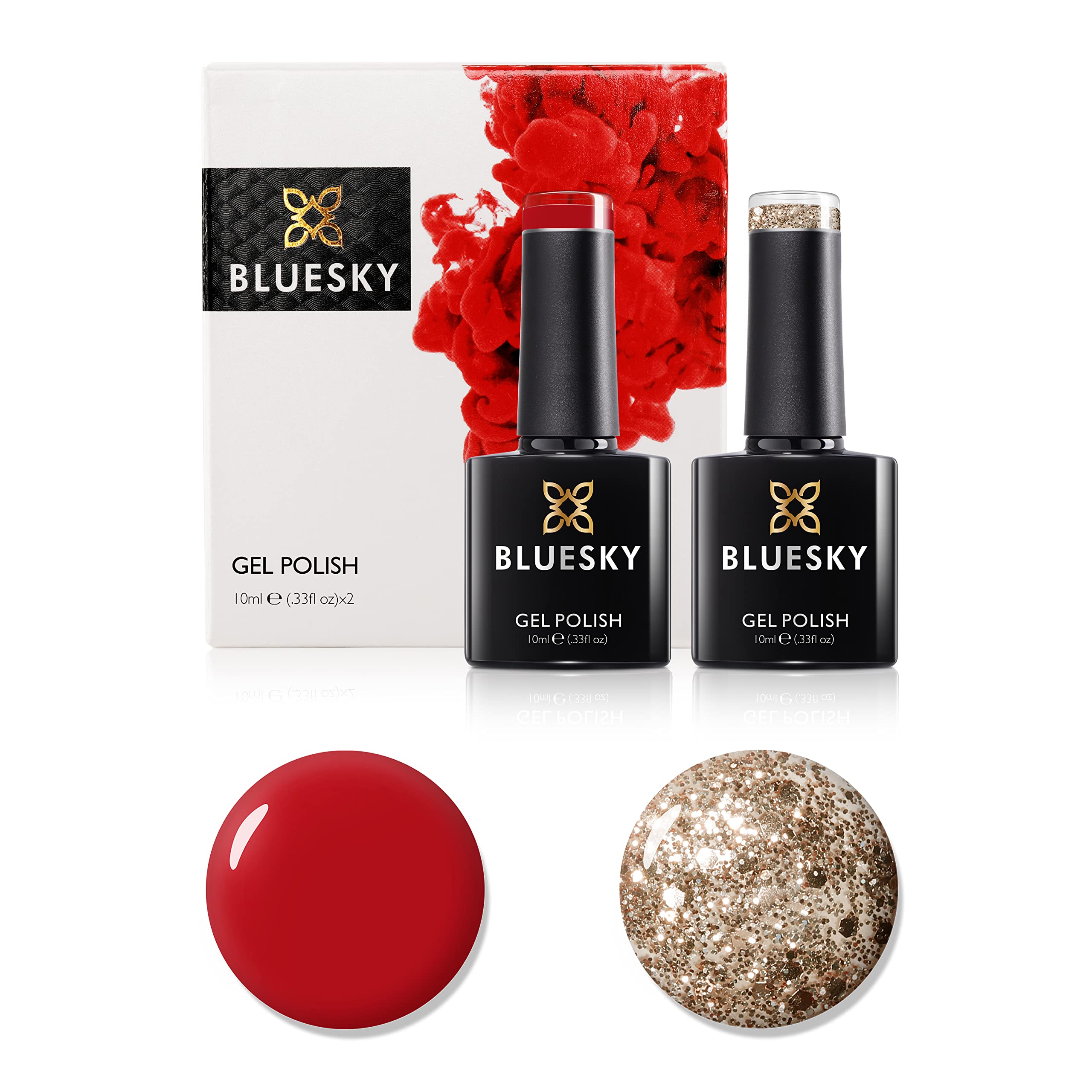 Bluesky Gel Nail Polish Set, 9th Anniversary Set 6, 2 x 10ml, DC02 Gold Button, 63916 Siren Red, Glitter (Requires Curing Under UV LED Lamp)