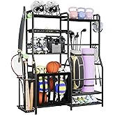 Faesun Sports Equipment Organizer, 2 Golf Bag Storage Rack for Garage, Heavy Duty Basketball Holder with Basket & Hooks, Gara