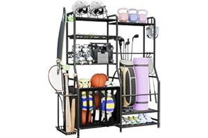 Faesun Garage Sports Equipment Organizer, Golf Bag Storage Rack, Heavy Duty Ball Holder with Basket & Hooks, Indoor/Outdoor Basketball Storage Bins for Toy Sports Gear Storage