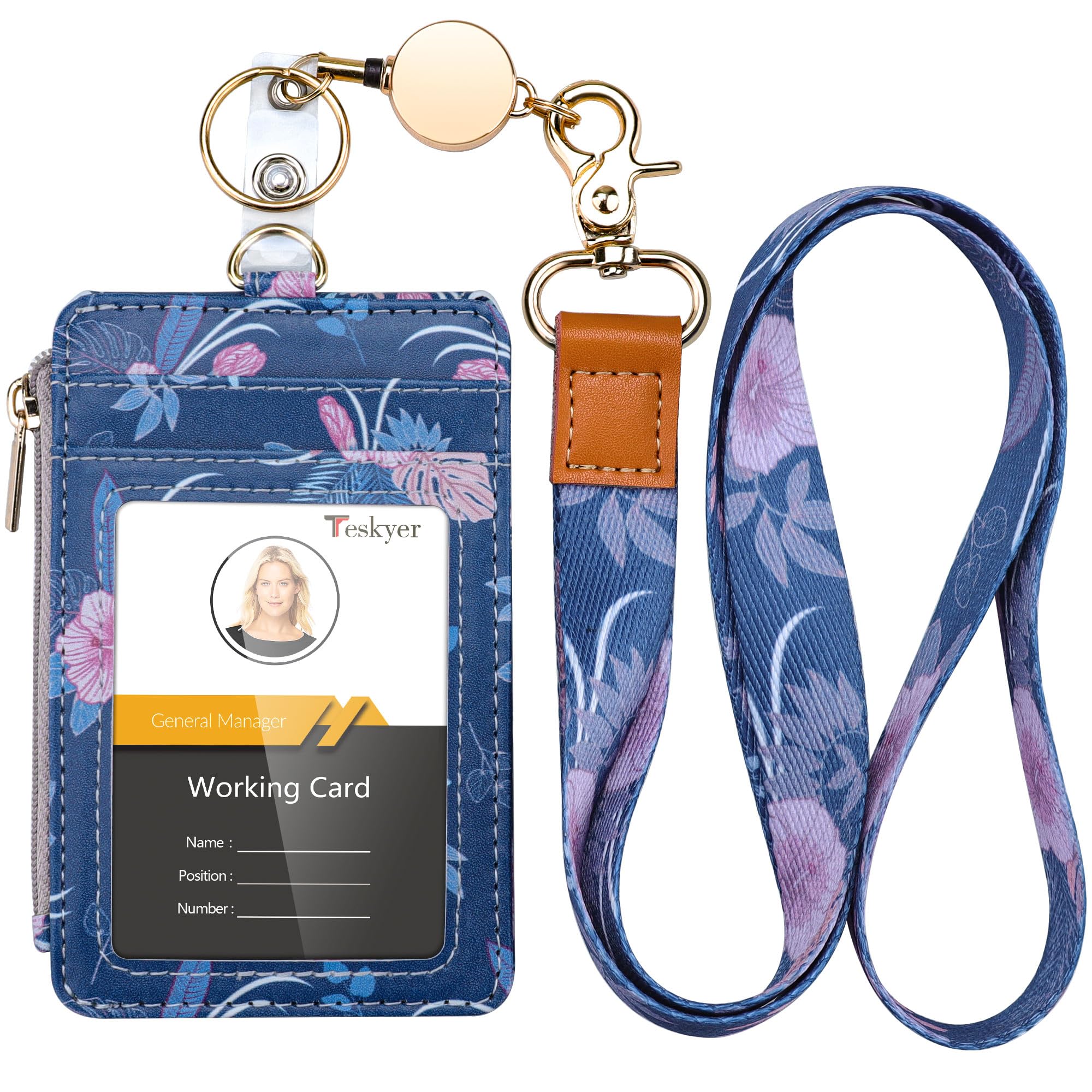 Teskyer Retractable Lanyard with Card Holder, Badge Holder with Zipper Pocket, Holds 4 Cards, with Clear Window, PU Leather, Vertical, Cherry Blossom