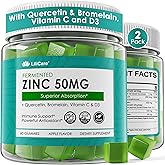 Zinc Gummies 50mg + Quercetin & Bromelain, Vitamin C & D3, Copper, Selenium, Fermented Zinc Supplements for Women & Men for Max Strength Immune Defense, Powerful Antioxidant, Vegan, Sugar Free, 2 Pack