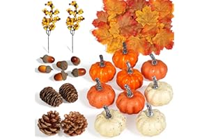 Artmag 51 PCS Artificial Pumpkins, Fall Harvest Decorations with Acorns, Pinecones, Berries, Maple Leaves for Farmhouse Fall Thansgiving Halloween Decor Decoration