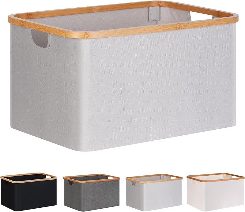 efluky 60L Foldable Laundry Basket Bamboo Fabric Collapsible Storage Grey